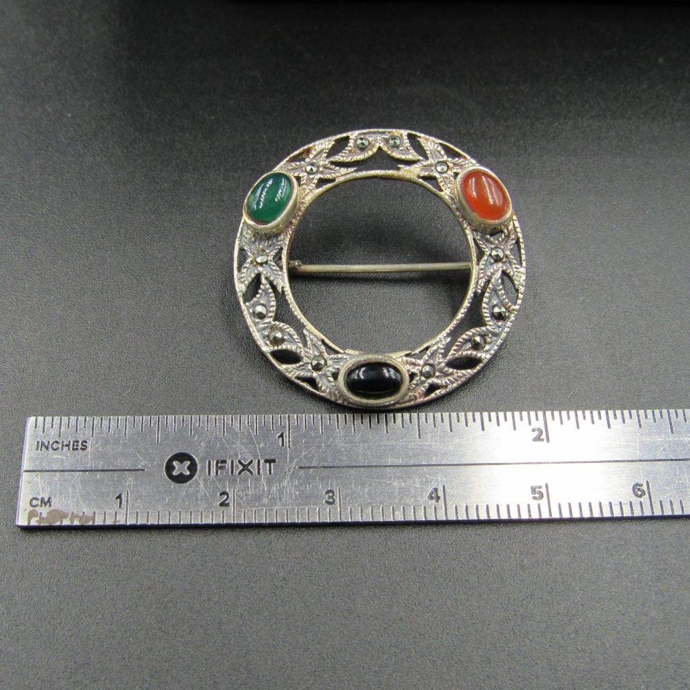 Sterling Silver Rustic Marcasite Chrysoprase Pin - image 5